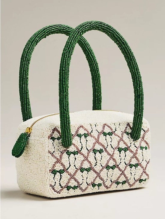 Anthropologie Handbags - NWT new Anthropologie beaded box shaped shoulder bag green bows white